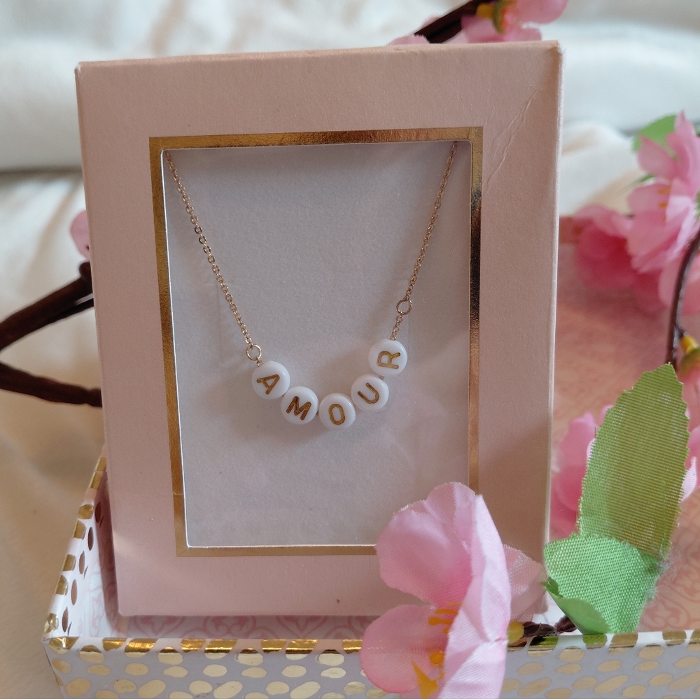 Kids Gold-Tone Chain Necklace with White 'AMOUR' Letter Beads